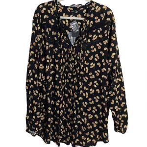 NWT Torrid Rayon Slub Peasant Long Sleeve Top Black Yellow Daisy Flower Plus 5X